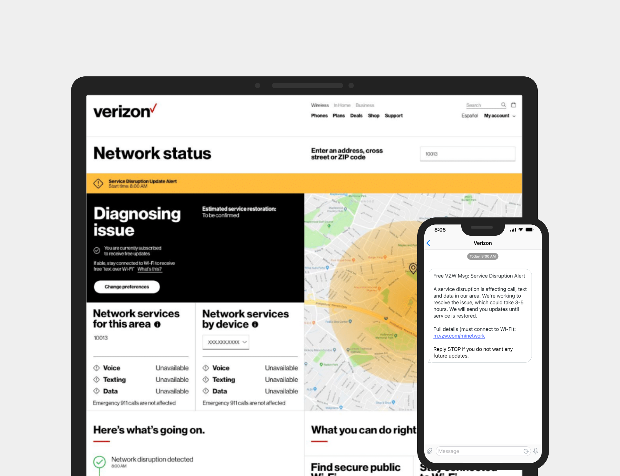 Final design for text messages and network status details.