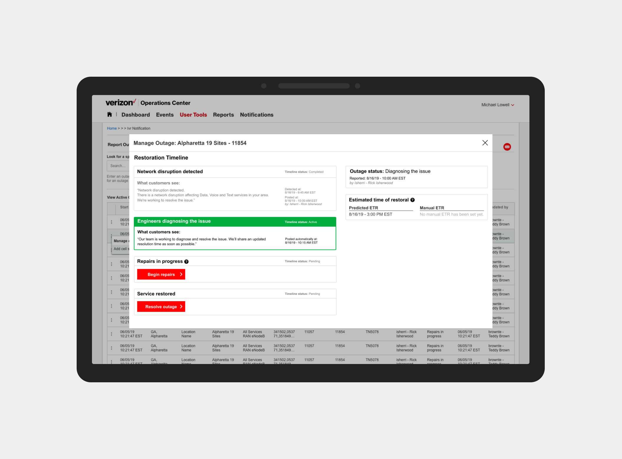Final design for outage management tools for tracking progress towards resolution.