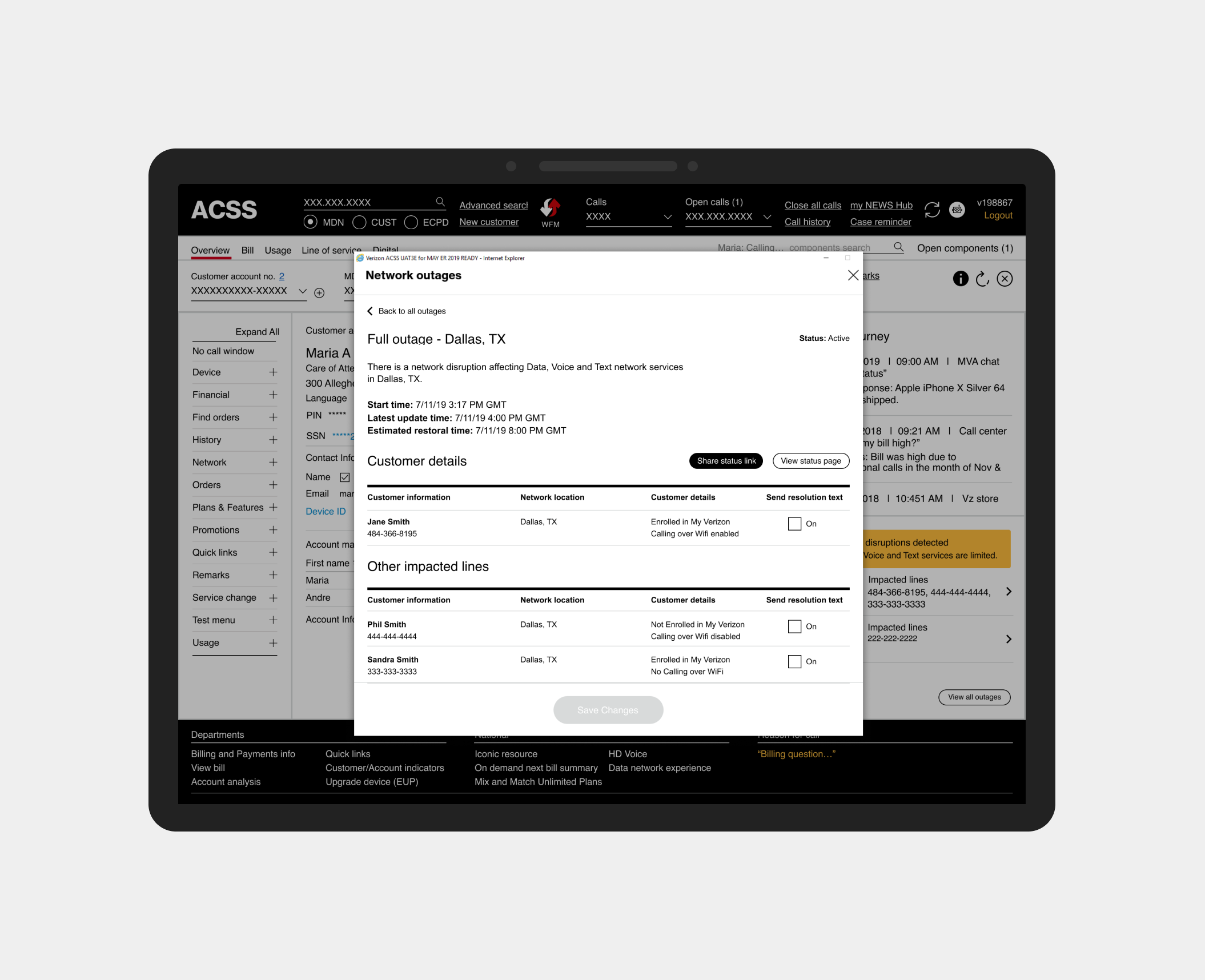 Final design for rep-facing outage communication.